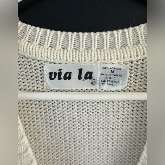 Via La 70’s Knit Button Down Sweater Vest Bone white red green brown Size Medium - Picture 3 of 8